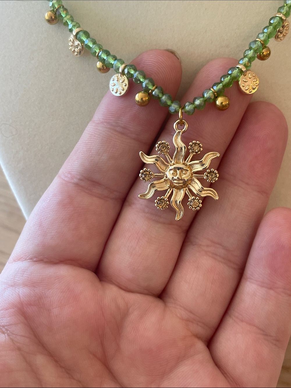 Anthropologie Green Beaded Necklace with Gold Sun Pendant - Picture 3 of 4